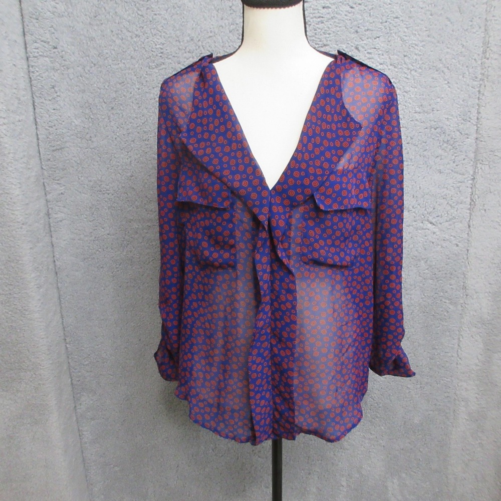Timing Sheer Boho Blouse Womens Medium‎ Blue Red Geometric Romantic Lightweight